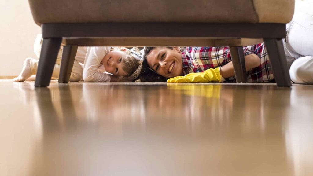 Weekly damp mopping with suitable cleaners