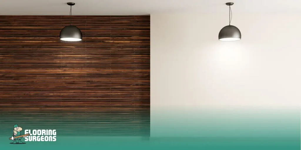 Flooring be Used on Walls Interior wall comparison showing dark wood slats versus light painted surface with pendant lighting.