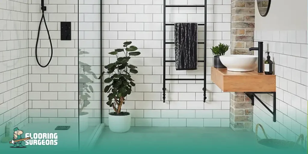 Flooring be Used on Walls Stylish bathroom with vinyl wall panels, glass shower, floating vanity, and minimalist decor.