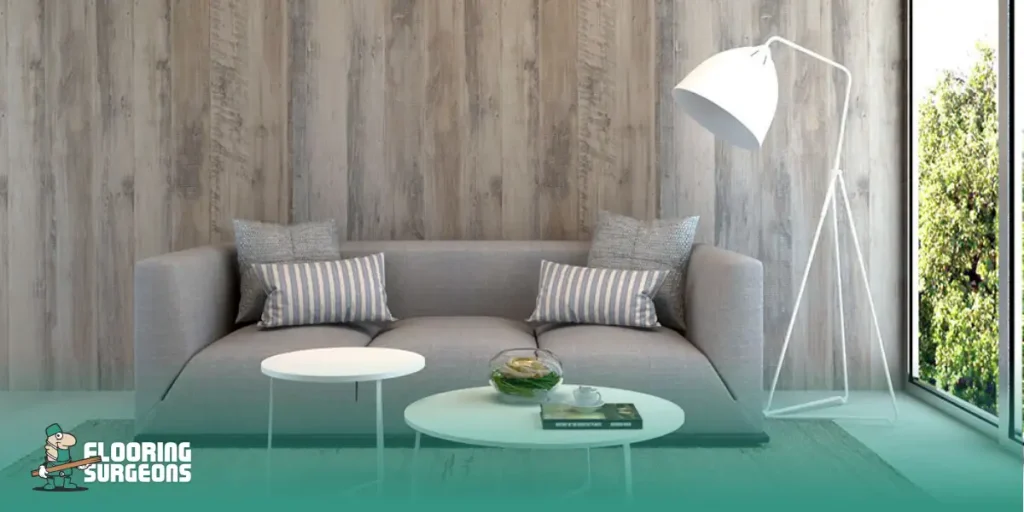 Flooring be Used on Walls Modern living room with vinyl wall panels and light wood flooring, featuring cozy furniture and natural light.