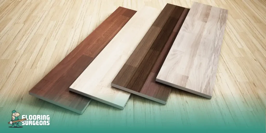 What Color Floor Shows the Least Dirt Five wood flooring samples in various tones from dark brown to light beige, displayed on a light floor.