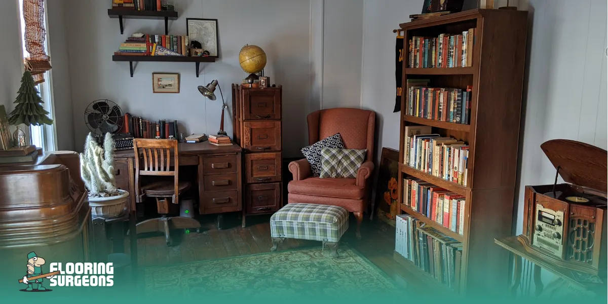 1940s-style home office with hardwood floor and vintage wood furniture