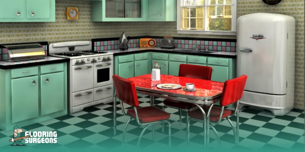 1940s Interior Design Flooring 1940s-style kitchen with mint cabinets and checkerboard linoleum flooring
