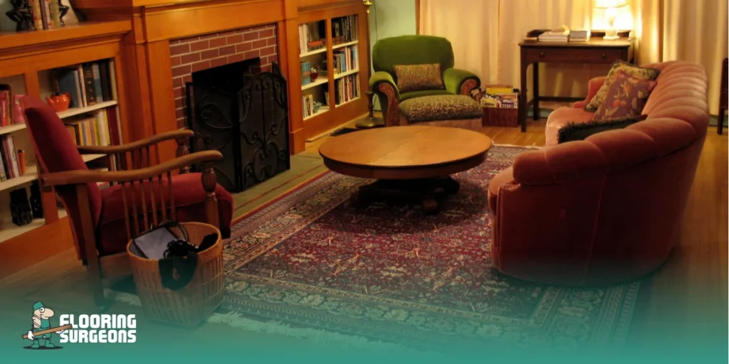 1940s Interior Design Flooring Cozy 1940s-style living room with hardwood floors and a large area rug