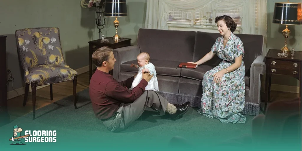 1940s Interior Design Flooring 1940s living room with wall-to-wall carpet and family seated by sofa