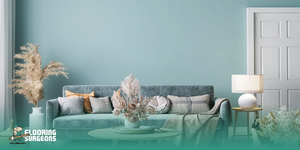Living room with a balanced colour scheme using soft blue walls, layered neutrals, and coordinated furniture