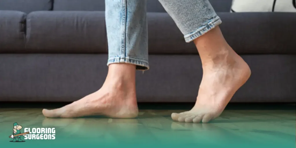 flooring and foot health Bare feet walking on a smooth wood floor, highlighting comfort and ease of movement.