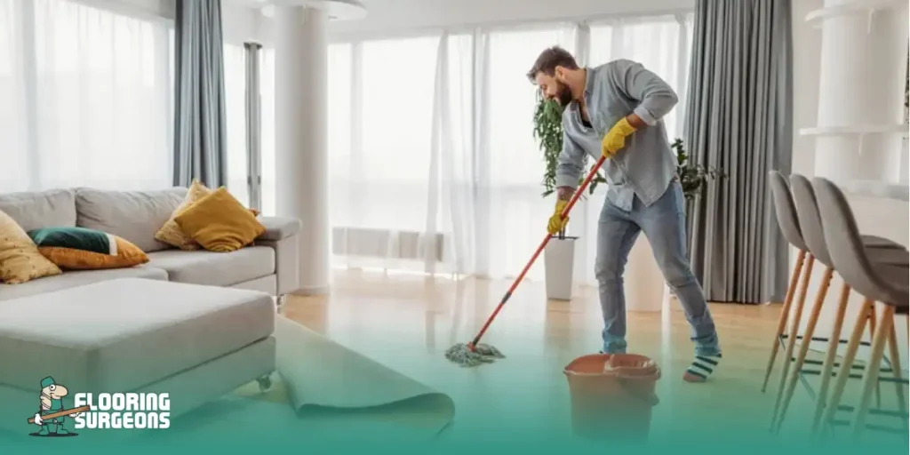 Man cleaning a smooth, easy-to-clean floor in a bright busy home living room