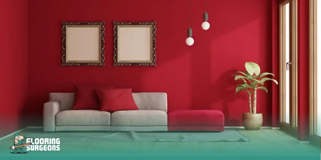 Decorating with Red Modern living room with bold red walls and light wood flooring, showing how strong wall colours can stay balanced with the right hardwood floor tone.