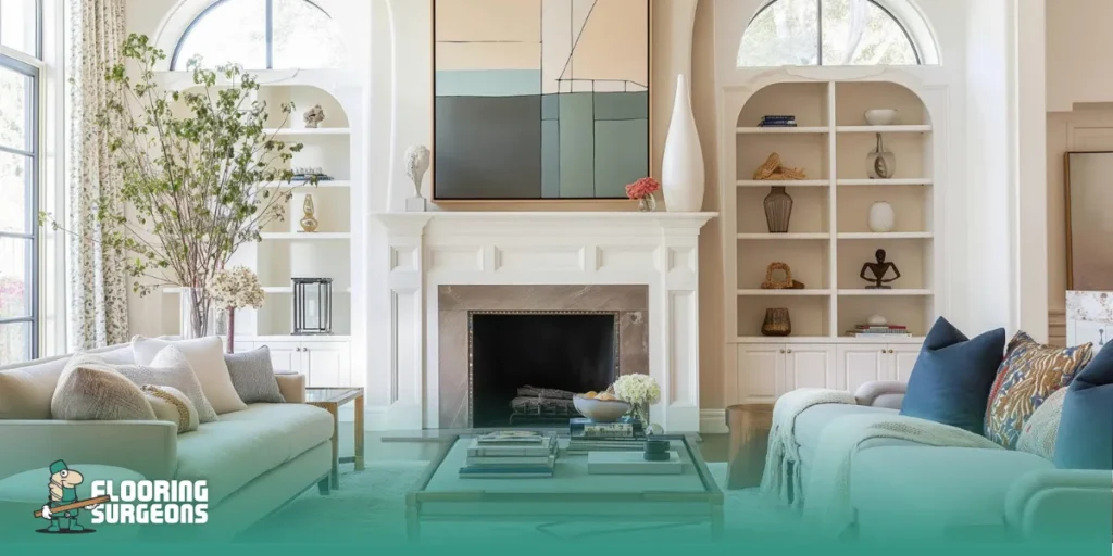 timeless interior design style Classic contemporary living room with neutral tones, built-in shelving and balanced symmetry in a timeless interior design style