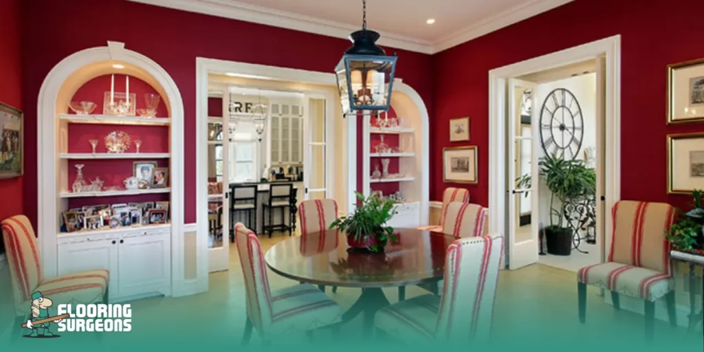 Decorating with Red Deep red wall colour paired with light hardwood flooring in a classic dining room