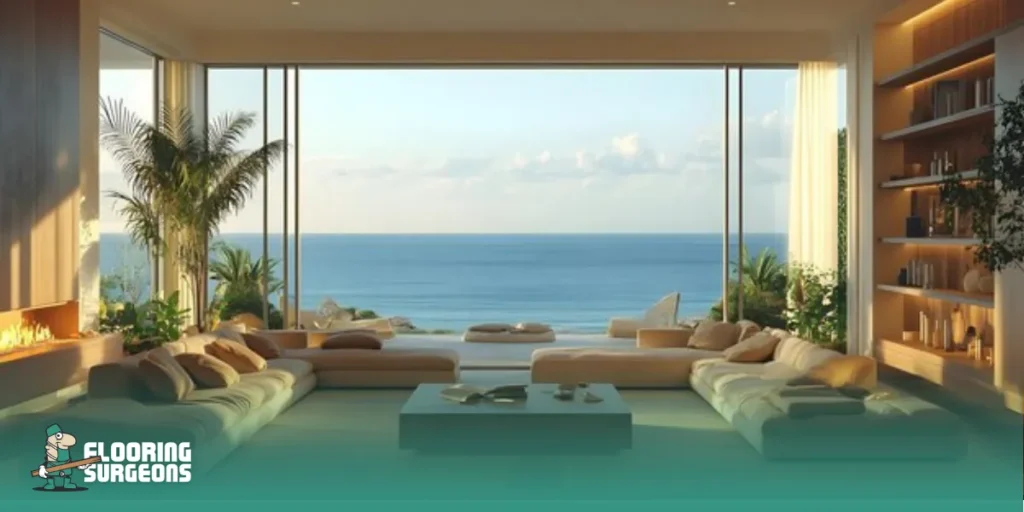 timeless interior design style Coastal living room with a sea view, soft neutral tones and a bright airy feel in a timeless interior design style