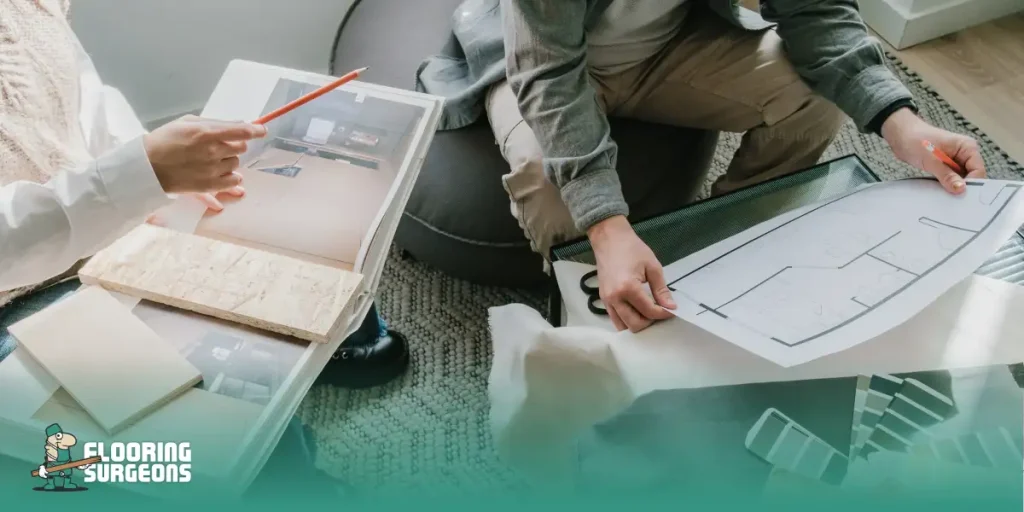 Why Interior Designers Rarely Follow Flooring Trends Designers reviewing flooring samples and layout plans, emphasizing durability and timeless interior choices.