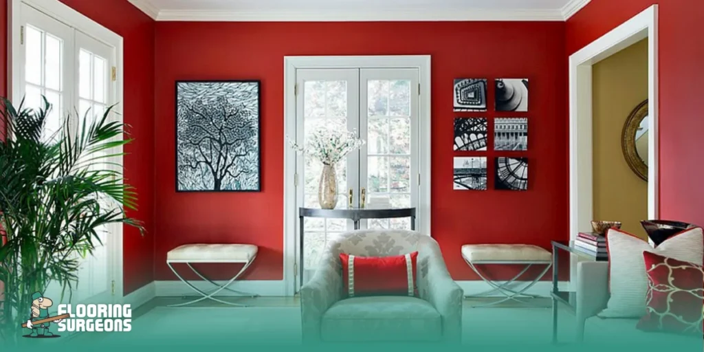 Decorating with Red Modern living room decorating with red walls, white trim, and stylish contemporary furniture