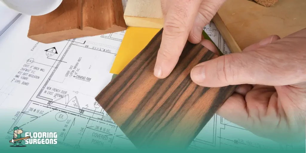 Why Interior Designers Rarely Follow Flooring Trends Designer evaluating wood flooring sample over architectural plan, emphasizing timeless and durable choices.