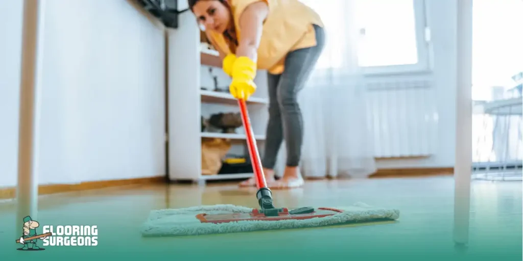 Woman mopping an easy-to-clean floor in a bright busy home interior