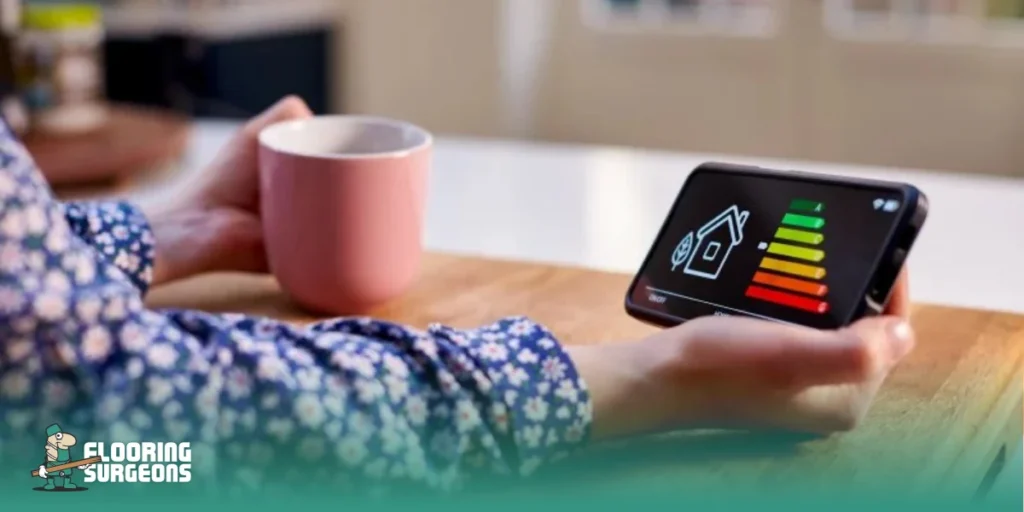omeowner viewing an EPC rating and home energy efficiency scale on a smartphone.