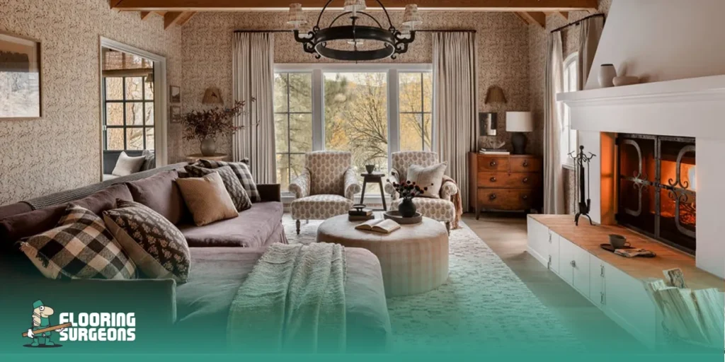 timeless interior design style Cozy farmhouse living room with warm wood tones, layered textures and a fireplace in a timeless interior design style