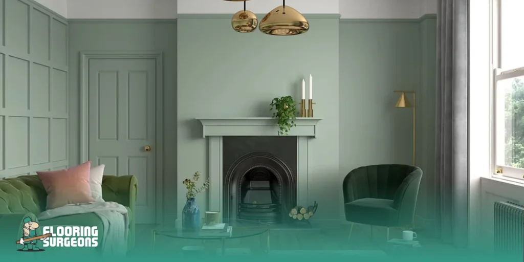 Why Is Farrow and Ball Paint So Expensive Living room painted in soft green Farrow & Ball style paint showing a smooth matte finish and coordinated flooring