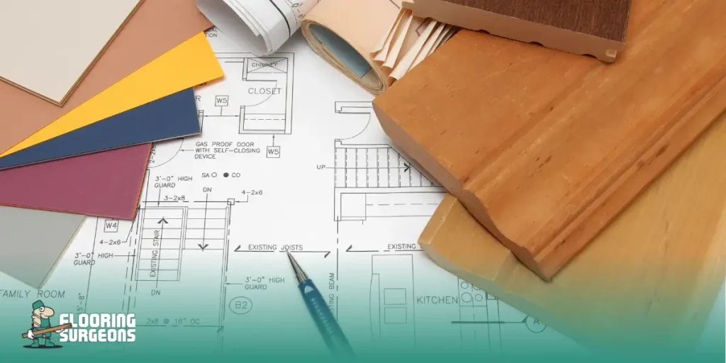 Why Interior Designers Rarely Follow Flooring Trends Wood flooring samples and color swatches laid over architectural plans, reflecting designer-led flooring decisions.