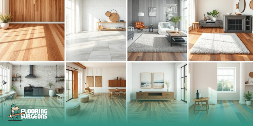 flooring and foot health Collage of interior rooms showcasing various flooring types including wood, tile, and laminate.