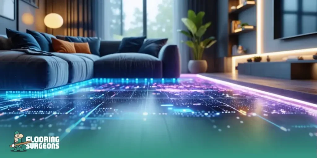 Smart Flooring Futuristic living room with neon-lit smart flooring, illustrating tech-driven innovation in modern home design.