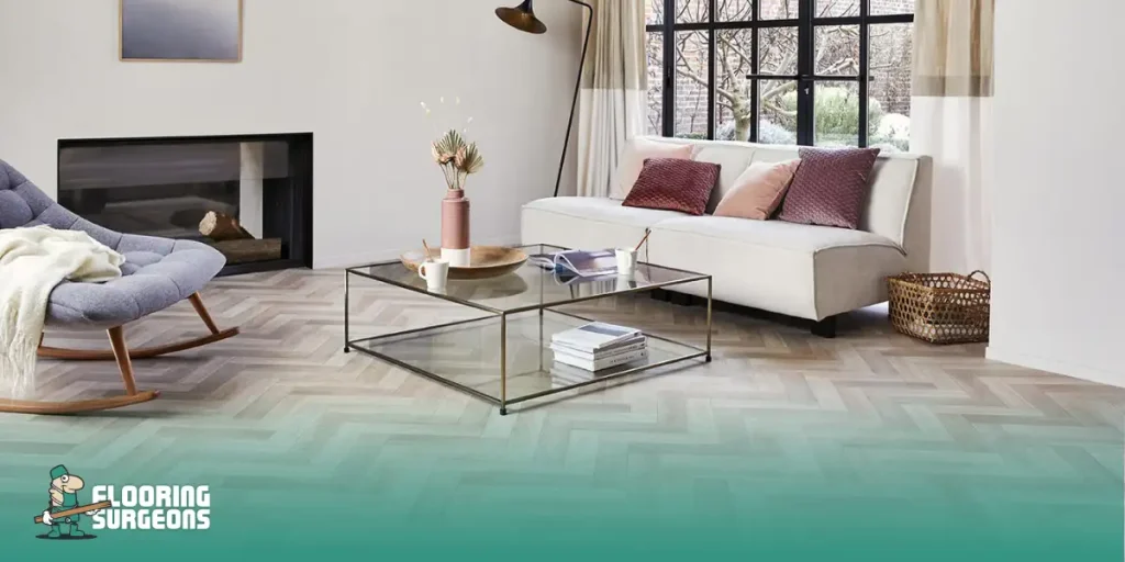 Stylish living room with herringbone wood flooring, reflecting modern design and surface resilience.