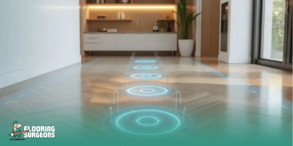 Smart Flooring Herringbone wood flooring with digital sensor graphics, illustrating smart home integration and tech-enhanced surfaces.