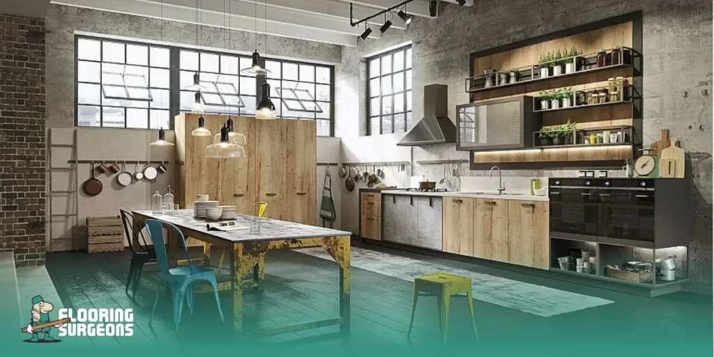 timeless interior design style Industrial style kitchen with exposed brick walls, metal lighting and raw wood finishes in a timeless interior design setting