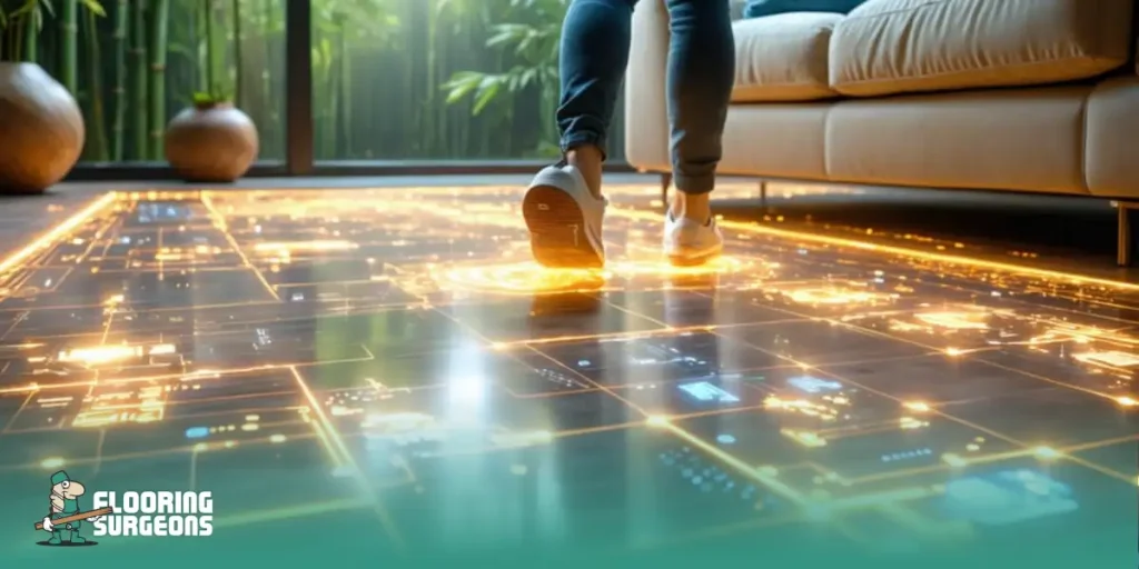 Smart Flooring Person walking on glowing circuit-pattern smart flooring, illustrating interactive surfaces in tech-driven homes.