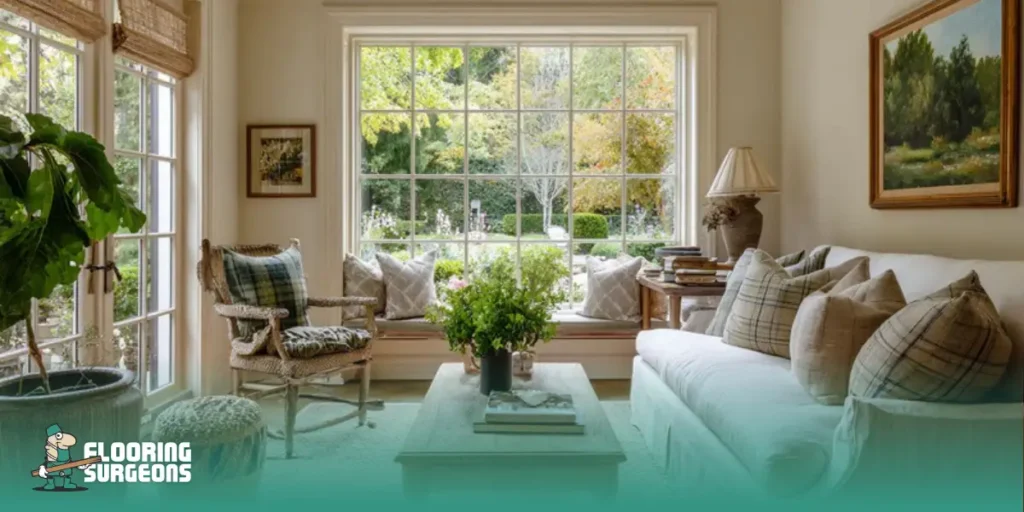 layering in interior design Cozy living room demonstrating layering in interior design with natural light, soft neutral upholstery, patterned cushions, wooden furniture, indoor plants, and textured décor for warmth and depth.