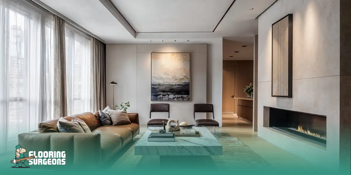 Modern living room showcasing layering in interior design with engineered wood flooring, neutral tones, textured sofa, soft curtains, wall art, and built-in fireplace for depth and warmth.