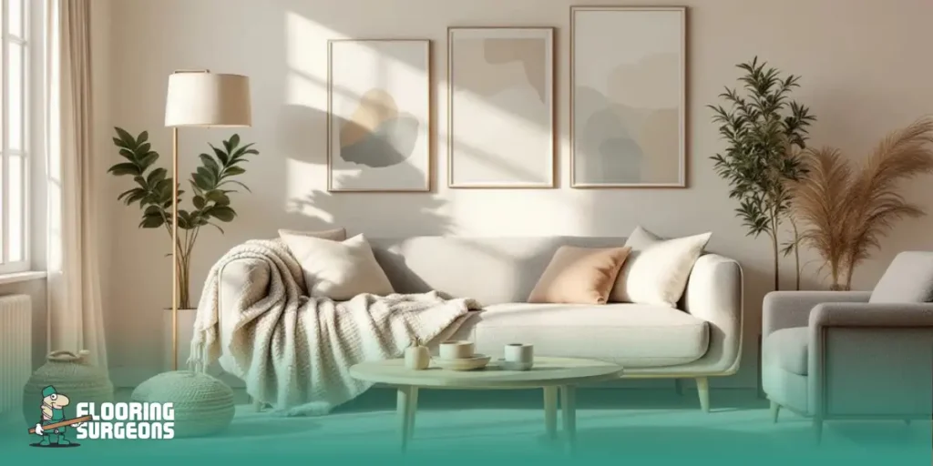 layering in interior design Neutral living room styled with layered interior design elements including soft sofa, textured throw blanket, decorative cushions, framed wall art, indoor plants, and warm natural light for visual balance and comfort.