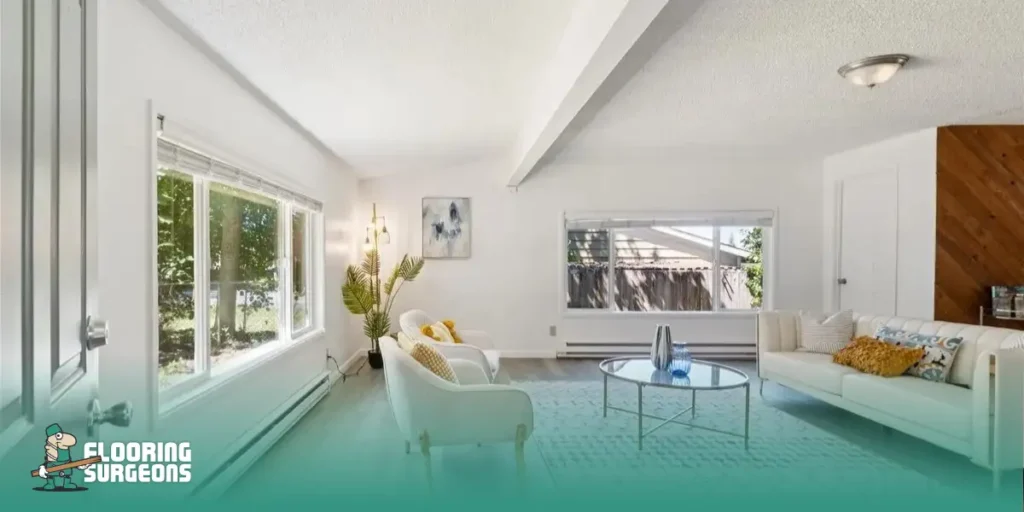 layering in interior design Open-plan living room demonstrating interior design layering with continuous flooring, defined seating area, natural light, modern furniture, and subtle material contrasts to create visual depth and functional zones.