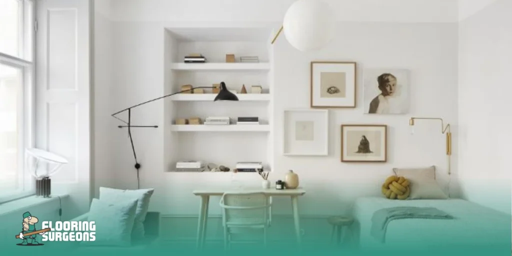 layering in interior design Small bedroom illustrating layering in interior design with wall shelving, framed artwork, soft bedding, mixed textures, and balanced lighting for depth and visual harmony.