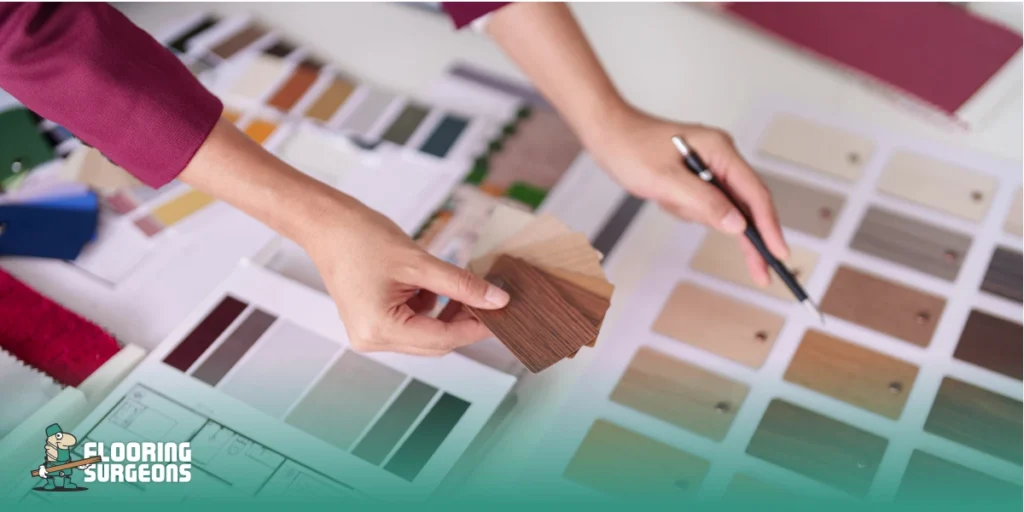 Comparing flooring samples with paint swatches to match wall colours and wood floor tones