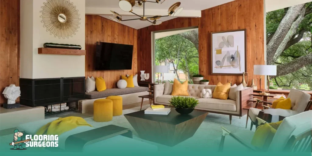 timeless interior design style Mid-century modern living room with warm wood panelling, clean lines and earthy tones in a timeless interior design style