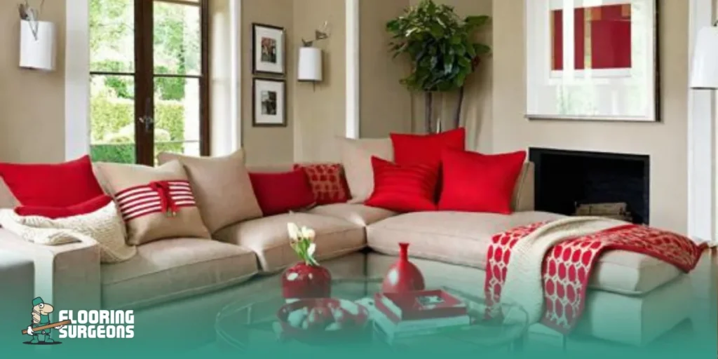 Decorating with Red Living room with neutral beige walls and warm wood flooring, styled with red accents to create a balanced and inviting interior.