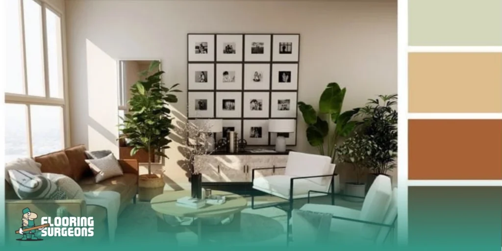 Neutral room colour palette with warm tones shown beside a styled living room interior