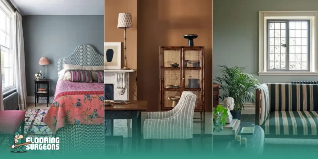 Three interior room colour schemes showing different moods with contrasting wall colours and furniture styles