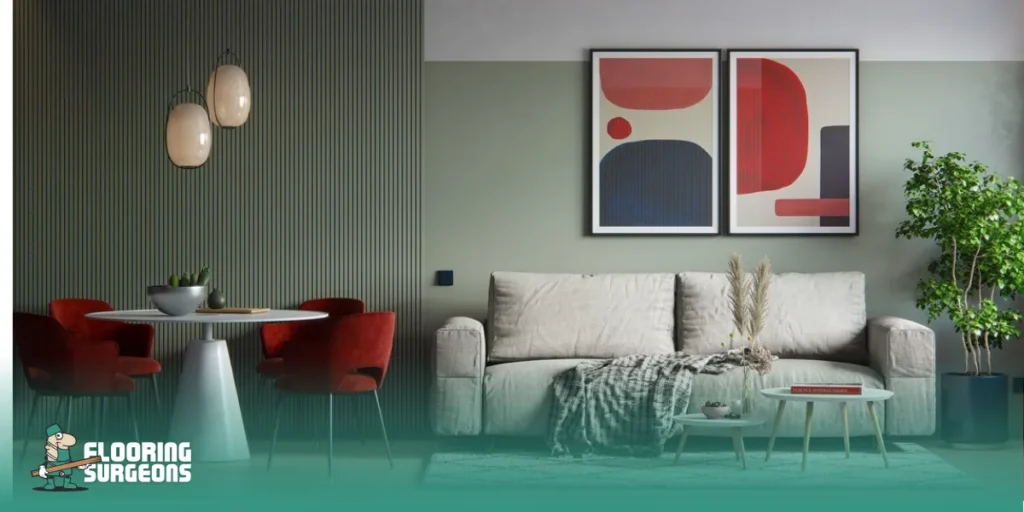 Decorating with Red Modern living room with sage green walls and light wood flooring, featuring earthy tones and a balanced colour palette that complements hardwood floors.