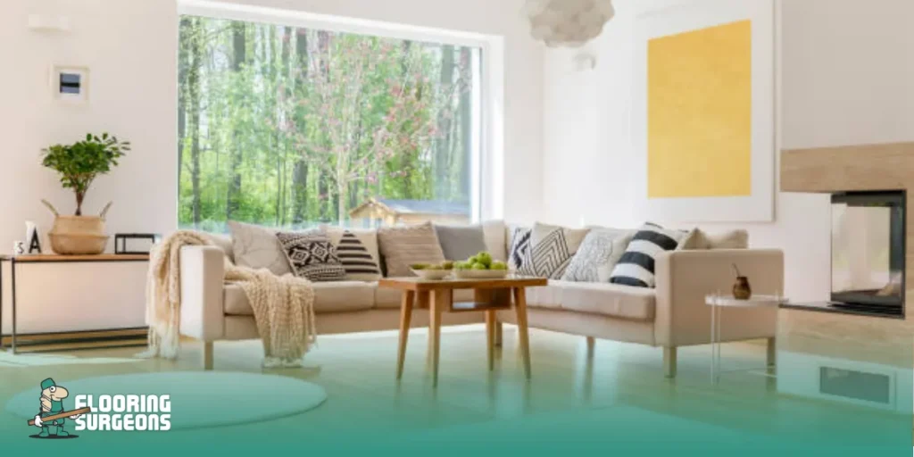 timeless interior design style Bright Scandinavian living room with neutral tones, natural light and light wood flooring in a timeless interior design style