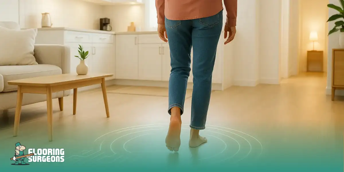 Person walking barefoot on light wood flooring in a tech-enabled home, suggesting smart flooring integration.