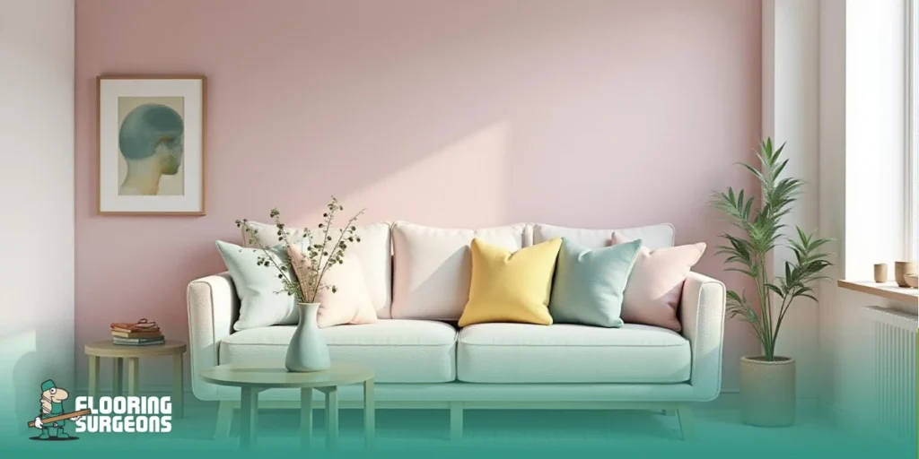 Soft pastel living room colour scheme with light walls, neutral sofa, and accent cushions