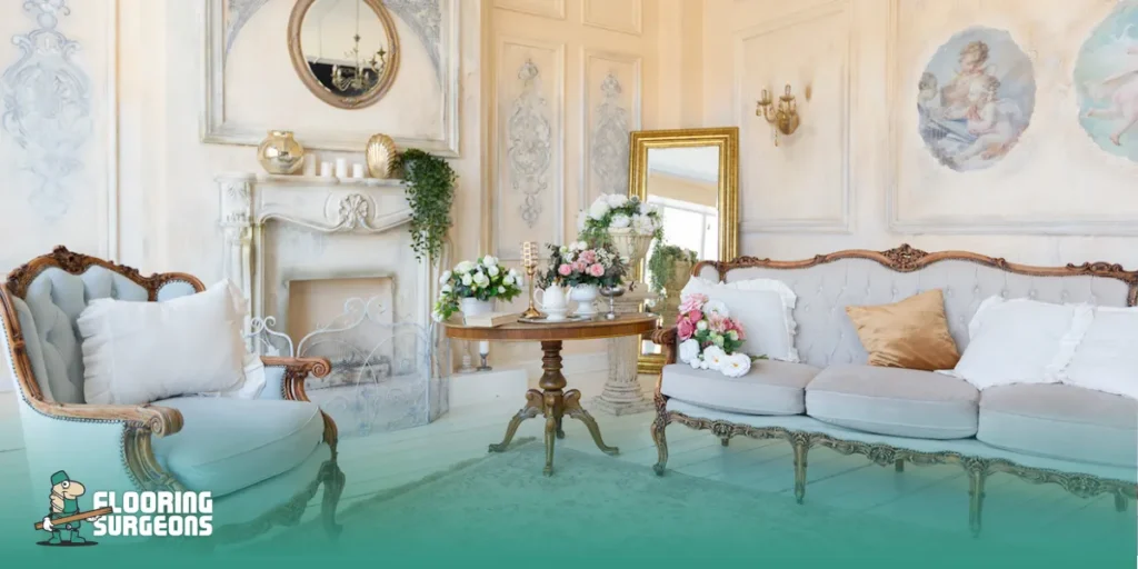 timeless interior design style Elegant traditional living room with ornate details, classic furniture and warm neutral tones in a timeless interior design style