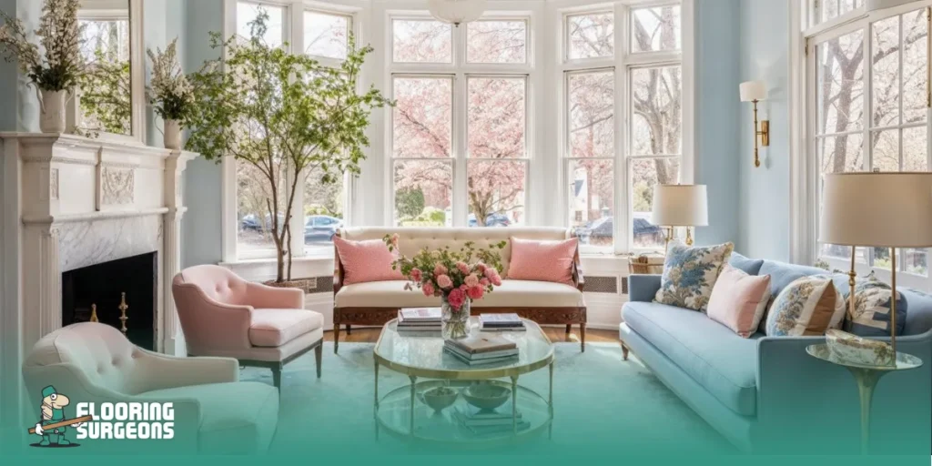 timeless interior design style Transitional living room with soft neutral and pastel tones, classic furniture shapes and a bright airy feel in a timeless interior design style