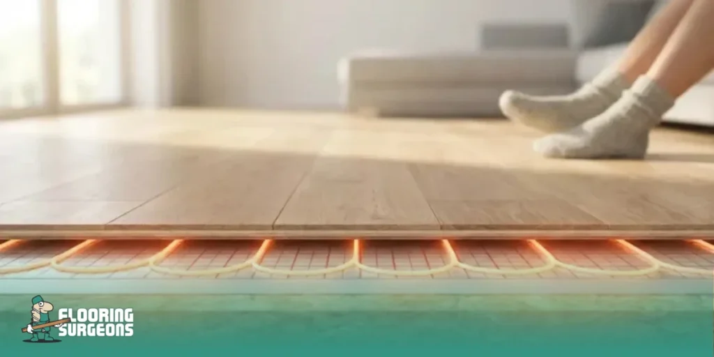 Underfloor heating beneath a wood floor improving heat transfer and supporting home energy efficiency and EPC performance.