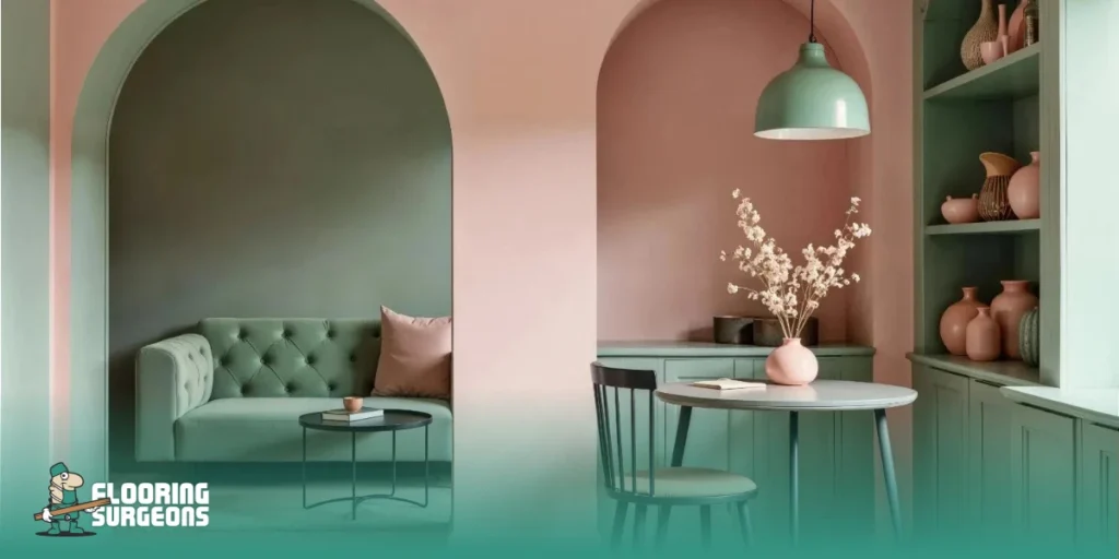 Interior showing warm pink walls balanced with cool green furniture for a cohesive colour scheme