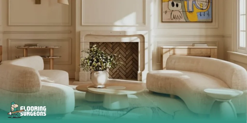 What Is Warm Minimalism Warm minimalism living room with soft neutral tones and herringbone wood flooring