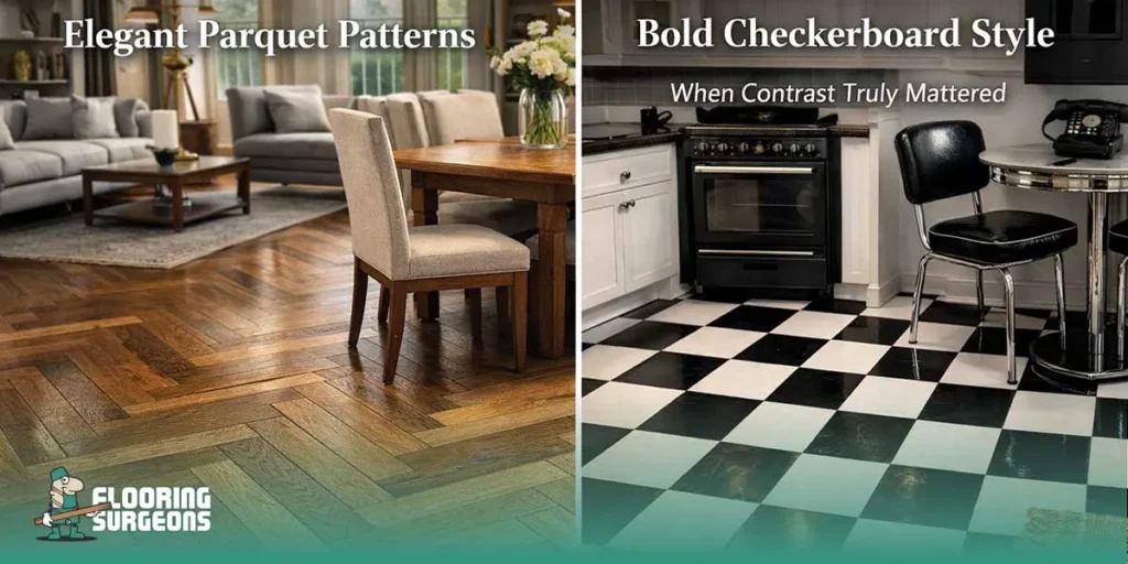 Flooring contrasts- parquet vs checkerboard